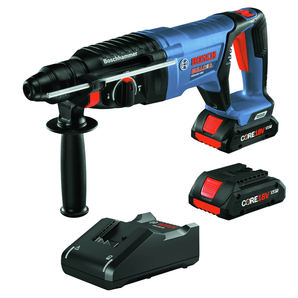 Bosch GBH18V-26DK25 Bulldog 18V EC Brushless Lithium-Ion 1 In. Cordless SDS-plus Rotary Hammer Kit With 2 Batteries (4 Ah) 1 Bosch GBH18V-26DK25 Bulldog 18V EC Brushless Lithium-Ion 1 In. Cordless SDS-plus Rotary Hammer Kit With 2 Batteries (4 Ah)
